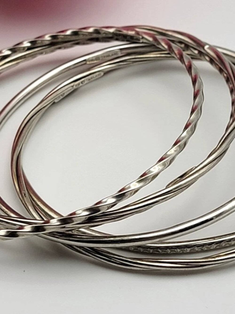 Vintage Thailand 925 Sterling Silver Set Of 6 Bangle Bracelets Twisted Flat 8" - Picture 8 of 10